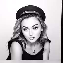 a black and white portrait of a young woman wearing a hat
