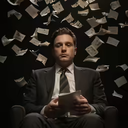 man wearing suit and tie sitting in chair with flying papers