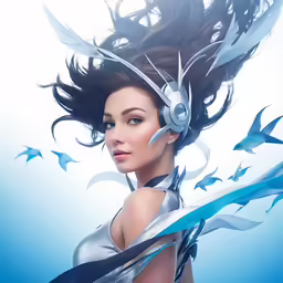 the beautiful woman with headphones is wearing a silver costume