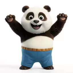 a panda bear dressed in blue shorts standing with his arms wide open