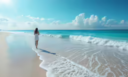 a woman on the beach holding a frisbee