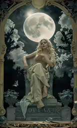 a woman sitting on top of a bench in front of a moon