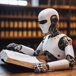 a robot is looking at a piece of paper