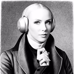 a woman in headphones wearing a jacket and tie