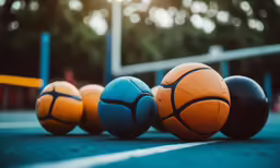 a set of three basketballs with different colors are sitting next to each other