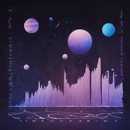 artwork depicting planets surrounding a line in the sky,the solar system is shown with an array of planets in it