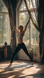 a woman practices yoga in front of a window