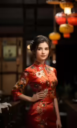 a woman in an orange and yellow oriental dress