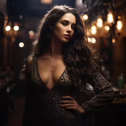 a woman posing in a dimly lit room
