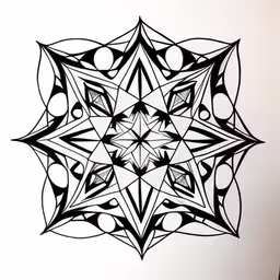 a drawing of a star in black and white,the drawing is done with a pen and ink on paper,an abstractal black and white drawing on a white wall,a close up image of a pattern made up of multiple lines,a black and white photo of a pattern