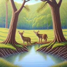 two animals are standing on the edge of a river,the painting of deer in a tree forest looks at its surroundings,two deers by a stream near a forest,this painting depicts two deer by a river,two large, furry animals near some water, in a forest
