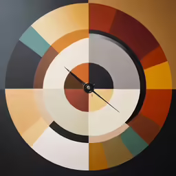 a clock with two different sections of abstract art