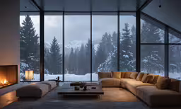 a living room area with a large couch, table and fireplace