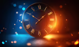 an illuminated gold clock face on dark surface with blue and yellow blur