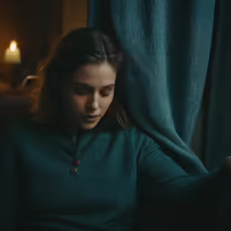 a woman with long hair, sitting on couch using her phone