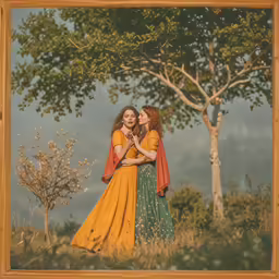 two women wearing yellow and green clothing and holding each other with trees and sky in the background