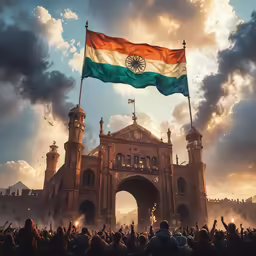 the image shows the city, people and an indian flag