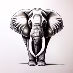 an elephant drawn in black ink on a white paper,a drawing of an elephant has long tusks,a drawing of an elephant is shown in black and white,a drawing of a grey elephant