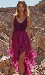 a woman wearing a pink dress on top of a rocky mountain
