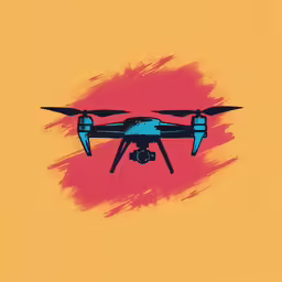 a quadly legged blue and red unmanned is seen in front of an orange background
