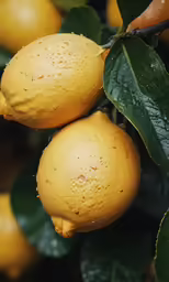 closeup of two lemons hanging on a lemon tree