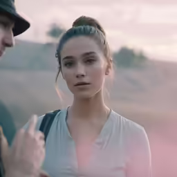 a woman standing next to a man who has his finger up