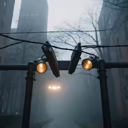 two street lights are lit by headlights in the fog