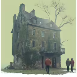 three people walking towards a building with two windows