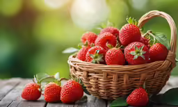 a basket filled with strawberries on top of a wooden table