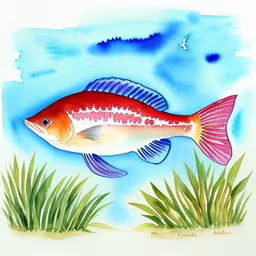 a red fish standing on top of grass next to some tall weeds,a watercolor painting of a fish swimming in the water