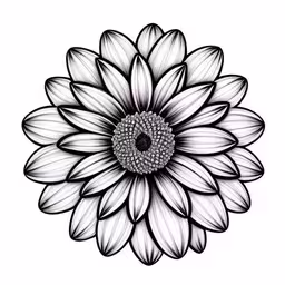 a drawing of a large flower with several petals,a black and white flower with large petals