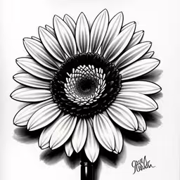 a drawing of a large white sunflower,black and white sunflower on paper with a drawing underneath it