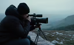 a person with a camera is taking a picture of mountains