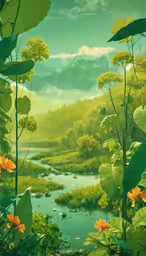 a river running through a lush green countryside,the flowers and plants grow near the water