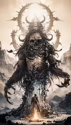 a giant demon is standing in front of some mountains