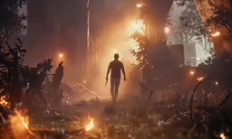 an animated zombie is walking through a burning forest