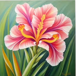 a painting of a flower on the wall,a painting of a big pretty flower in the grass,a painting of a pink flower in tall grass,a painting of an orange and pink flower,a painting of a flower on green grass