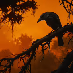 this is a photograph of a bird sitting on a branch at sunset