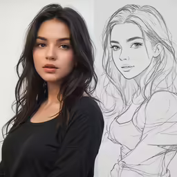 a drawing of a woman is shown next to a drawing of the girl in the background