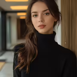 a woman wearing a turtleneck black top leaning against a wall