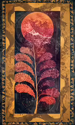 a painting of some sort in color, with a tree branch and mountains with stars at the top