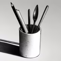 a cup with spoons, toothbrush and a pencil