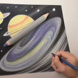 a person drawing a space scene on a large board