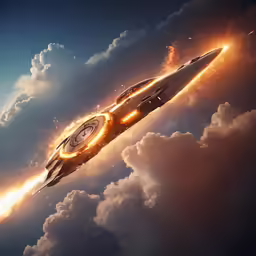 a space ship is flying through the sky