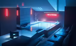 a dimly lit room with a sleek style dining table and black chairs