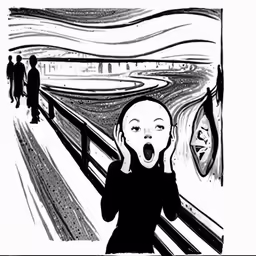 a drawing of a girl laughing at a painting