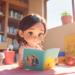 a girl sitting at a table and reading a book