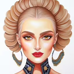 a painting of a woman with a large, blonde hair,a woman in a white shirt with gold rimmed hair,a lady with bright pink lipstick wearing earring