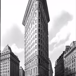 a black and white photo of the flat skyscraper