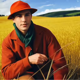 a young man with orange coat and green scarf in field of wheat